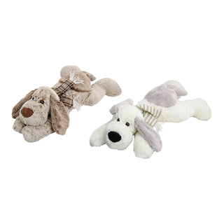 Chien couché brun/blanc en peluche