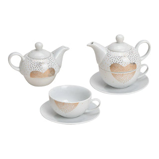 Théière décor cœur en porcelaine Blanc, or Set de 3, 16x15x16cm